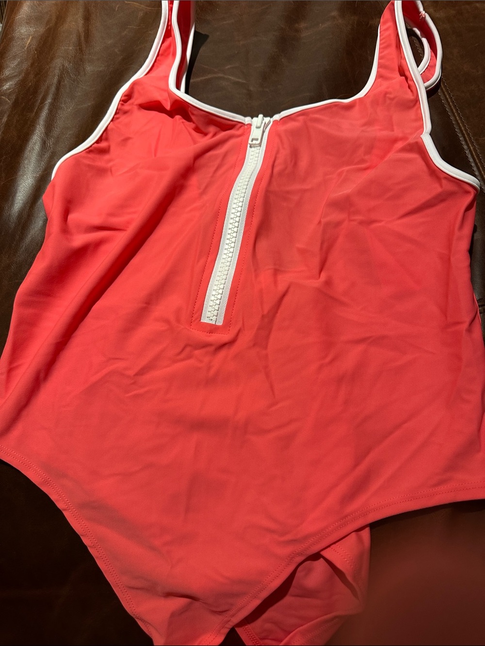 Coral Pink Front-Zip One-Piece Swimsuit with White Trim